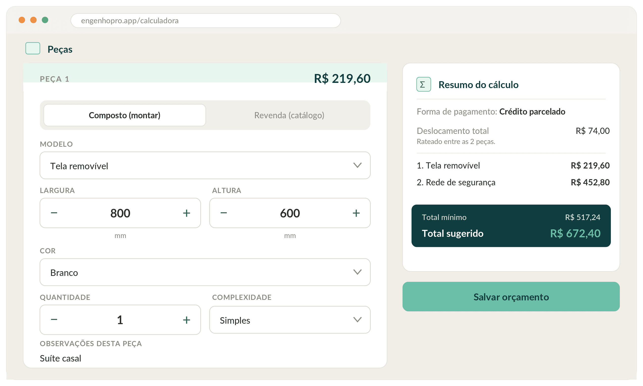 Tela da calculadora Engenho Pro com a peça e o resumo do cálculo