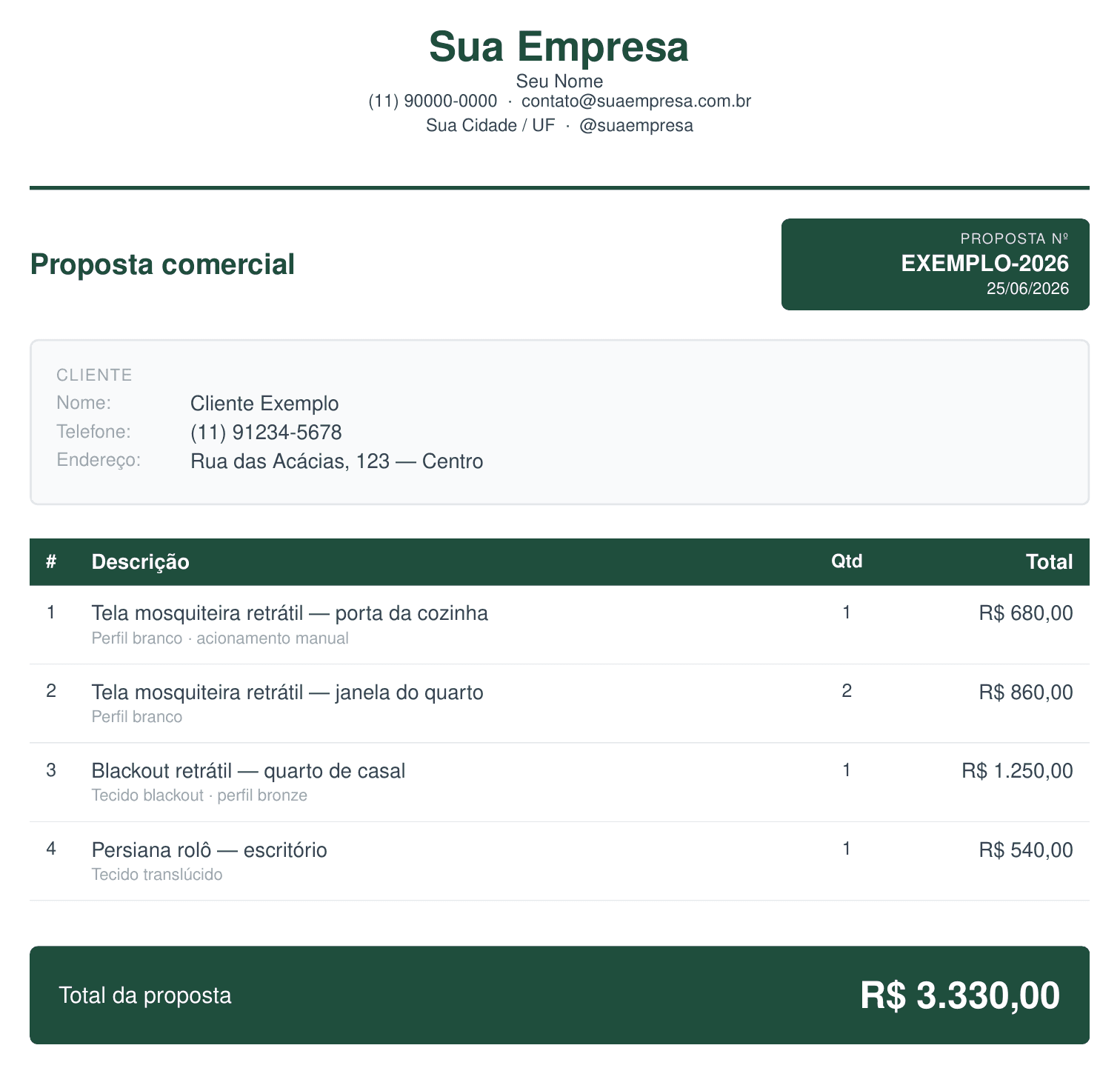 Proposta em PDF gerada pela calculadora Engenho Pro